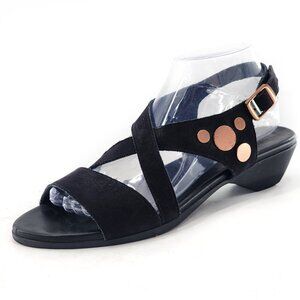 ARCHE Obos Nubuck Rose Gold Studs Criss Cross Slingback Sandals Black